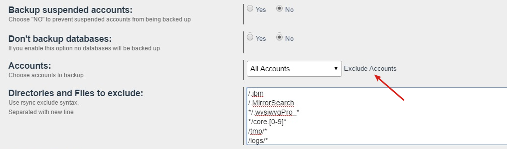 exclude accounts from jebackup